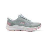 Championes deportivos Skechers Go Run Consistent 2.0, color gris con detalles en rosado y blanco, con diseño slip-on y cordones elásticos.