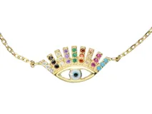 Pulsera doble de plata 925 con baño de oro y dije central en forma de ojo decorado con circonias multicolor y un detalle central esmaltado.