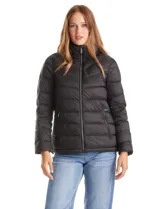 Campera puffer de plumas Michael Kors, color negro, con cierre frontal metálico, bolsillos laterales y cuello alto con capucha oculta.