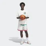 Remera de corte holgado color blanco con cuello redondo. Presenta un estampado gráfico circular en el pecho y en la espalda que combina el logo de Adidas con elementos de básquetbol en tonos verdes y rojos.