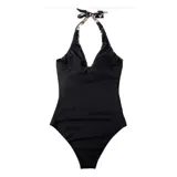 Malla entera de color verde oscuro, combinada con un diseño floreado en la parte inferior. Presenta escote halter cruzado y fruncidos en la zona del abdomen.