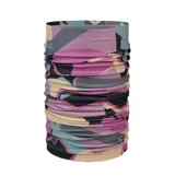Cuello multifuncional Buff de la línea Thermonet, diseñado con fibras aislantes PrimaLoft para brindar calor sin añadir volumen. Presenta un diseño sin costuras con elasticidad en cuatro direcciones y un estampado geométrico abstracto en tonos rosa, beige, negro y azul.
