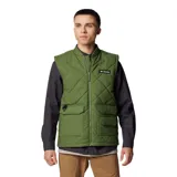 Chaleco acolchado Columbia de color verde oliva, con diseño de rombos, cierre frontal completo, cuello tipo bomber y múltiples bolsillos frontales funcionales con solapa y anilla en D.
