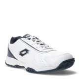 Championes deportivos Lotto de estilo tenis, confeccionados en cuero sintético negro con detalles de costuras y perforaciones decorativas. Presentan cierre con cordones y suela de goma resistente.