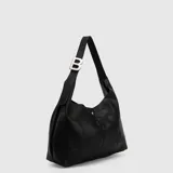 Bolso tipo tote de cuero negro con textura granulada, diseño hobo con asa única y detalle de hebilla metálica plateada en forma de letra B. Incluye un neceser a juego del mismo material y color.