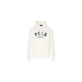 Hoodie Polo Ralph Lauren de color blanco con capucha y cordones ajustables. Presenta un bolsillo tipo canguro en el frente y un estampado gráfico con la inscripción "POLO" en azul marino y "Ralph Lauren" en tipografía cursiva debajo.