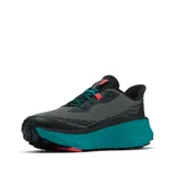 Championes de trekking Columbia Konos Trillium Atr Omni-Max, de color gris con suela alta en tonos turquesa y negro, detalles en fucsia y logo de la marca en el lateral.