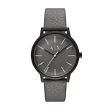 Reloj analógico Armani Exchange modelo Cayde con caja de acero negra de 42 mm, esfera gris mate con logo A|X y correa de cuero gris texturizado.
