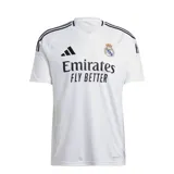 Camiseta de fútbol Adidas del Real Madrid, color blanco con detalles en negro.