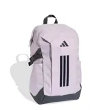 Mochila Adidas Power VIII color lila con base reforzada en color azul marino. Presenta el logo de la marca y las tres tiras características en color negro en el frente. Cuenta con correas de compresión laterales y compartimentos con cierre.