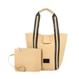 Bolso negro tipo tote con correa de hombro y necessaire con cierre.