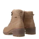 Botas acordonadas de mujer Miss Carol modelo Laurion, color negro, con taco cuadrado texturizado simil madera, suela dentada y detalle de tejido de lana en la parte superior de la caña.