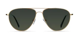 Lentes de sol estilo aviador con montura metálica fina en color dorado y lentes polarizadas en tono verde oscuro. Presentan un diseño clásico con doble puente y terminales de patillas en acetato.