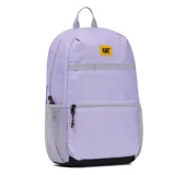 Mochila unisex color lila con base negra, bolsillo frontal con cierre, compartimento principal con cierre, bolsillos laterales de malla y presillas frontales para accesorios. Las correas de los hombros son ajustables y transpirables.