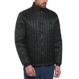 Campera negra matelaseada con cuello alto y cierre frontal.