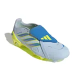 Championes de fútbol Adidas Predator League Ft Fg, color celeste con lengüeta plegable azul y detalles en amarillo neón. Diseño técnico con tecnología Nanostrike para mayor control y precisión en el campo.