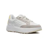 Championes Fila Tormo Classic de mujer, color blanco con detalles en gris y amarillo en el talón. Presentan diseño de plataforma, superposiciones de gamuza y el logo de la marca en el lateral.