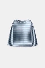 Camiseta rústica de algodón con diseño de rayas horizontales en azul marino y blanco, de corte oversize, cuello barco y manga larga.