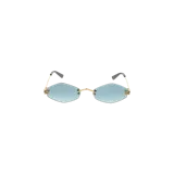 Lentes de sol Cartier con montura geométrica al aire, cristales celestes y detalles dorados con apliques de pantera en las patillas.