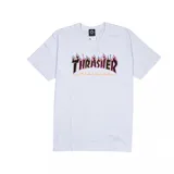 Remera blanca de algodón con estampado del logo de Thrasher en llamas de colores neón.