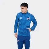 Campera deportiva Umbro del Club Nacional de Football, modelo Grok de color azul con estampado abstracto, cuello alto, cierre frontal completo y bolsillos laterales.