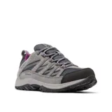 Championes de trekking Columbia modelo Crestwood Waterproof, en tonos grises con detalles en morado y suela negra antideslizante. Confeccionados en una combinación de cuero, malla y cintas con tecnología impermeable y transpirable.
