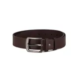 Cinturón de cuero color marrón con hebilla metálica plateada de forma rectangular.