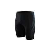 Calza de natación Speedo negra con paneles laterales estampados en celeste y gris.