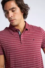 Remera tipo polo de manga corta, color gris con rayas horizontales finas en color oscuro. Presenta cuello clásico con botones y logo bordado en el pecho.