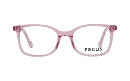 Lentes de armazón completo Focus Premium, con diseño rectangular de bordes redondeados en color rosado traslúcido.