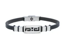 Pulsera de cuerina negra con apliques de acero inoxidable plateado.