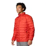 Campera técnica de plumón Columbia, color rojo, con tecnología Omni-Heat termorreflectante y construcción HeatSeal sin costuras. Cuenta con cierre frontal completo, cuello alto con protección para la barbilla, bolsillos laterales con cierre y puños ribeteados.