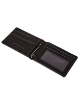 Billetera plegable de cuero color negro con diseño minimalista y logo de la marca grabado en relieve en la esquina inferior derecha.