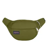 Riñonera Jansport modelo Fifth Avenue en color verde militar, con compartimento principal con cierre, bolsillo frontal adicional y correa ajustable con hebilla. Incluye etiqueta con el logo de la marca bordada en el frente.
