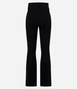 Pantalón acampanado de viscosa color marrón chocolate, con cintura alta, cierre frontal con botones y bolsillos traseros.