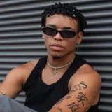 Lentes de sol con armazón ovalado de estilo retro en color negro y cristales oscuros. Presentan un detalle metálico en forma de estrella en las patillas.