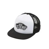Gorra Vans con visera rígida, paneles frontales blancos, paneles traseros de rejilla negra y logo "Vans Off The Wall" bordado en el frente.