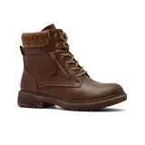 Bota casual de caña corta color beige, confeccionada en material sintético con acabado mate. Presenta un cuello tejido de punto en tono contrastante, cierre lateral funcional y cordones frontales con ganchos metálicos. Cuenta con suela de goma dentada con efecto madera.