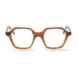 Anteojos de receta con marco geométrico de acetato en combinación de carey marrón y borde blanco.