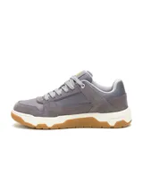 Championes Caterpillar modelo Theorem para hombre, en color gris con detalles en amarillo y suela de goma con base blanca.