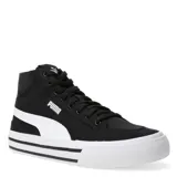 Championes urbanos de media caña Puma modelo Court Classic Vulc Mid FS, color negro con detalles en blanco. Presentan capellada de textil, suela de goma vulcanizada con franjas decorativas y cierre mediante cordones.