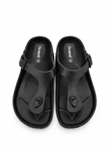 Sandalias de dedo color negro, con diseño anatómico y tira ajustable lateral con hebilla.