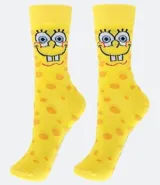 Par de medias de caño largo amarillas con lunares marrones y estampado de la cara de Bob Esponja.
