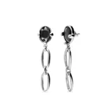 Par de aros colgantes plateados con cristal facetado grisáceo y eslabones alargados.