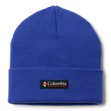 Gorro tipo beanie Columbia City Trek, color azul, de punto acanalado con vuelta y parche frontal con el logo de la marca.