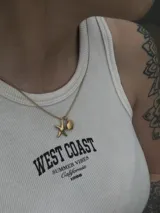 Collar dorado con cadena fina y dos dijes: una estrella de mar y una concha marina.