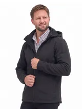 Campera negra de neopreno con capucha desmontable, bolsillos laterales, cierre frontal y ajuste en los puños.