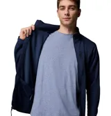 Campera polar de Columbia color azul marino, con cuello alto, cierre frontal completo y un bolsillo en el pecho con cierre.
