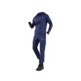 Conjunto deportivo Under Armour azul marino con detalles en celeste, compuesto por campera con capucha y cierre, y pantalón de jogging con cintura elástica y cordón ajustable.