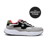 Championes deportivos Hi-Tec Lea en combinación de gris, negro, blanco, con detalles en rojo y verde en la zona del talón y cuello. Cuenta con tecnología Memory Foam para mayor comodidad.